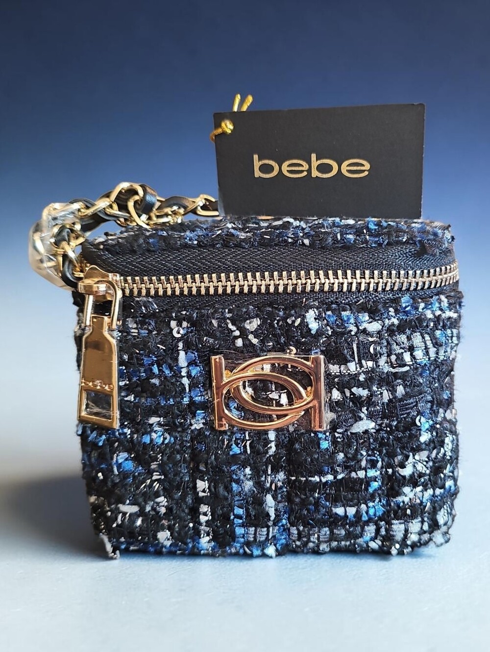 Bebe NWT Navy and Blue Tweed Mini Coin Pouch with Gold Hardware.